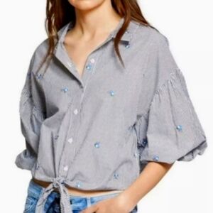 SANCTUARY Clover Tie Front  Embroidered Ditsy Floral Blue Stripe Top XL NWT